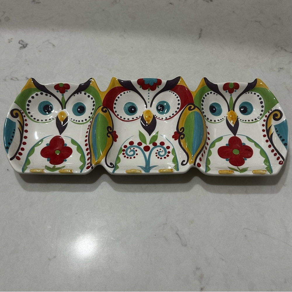 BELLA Home Accents Relish Serving Dish 3 Section OWLS Handcrafted Ceramic 14 In.